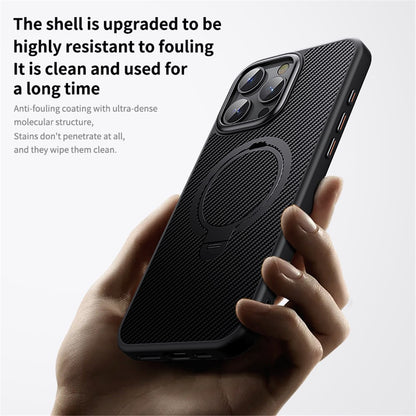 For iPhone 16 Pro Max Magnetic Case Carbon Fiber Texture PC+TPU Phone Cover Rotatable Kickstand