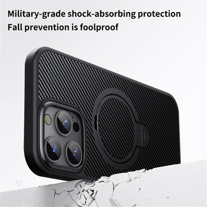 For iPhone 16 Pro Max Magnetic Case Carbon Fiber Texture PC+TPU Phone Cover Rotatable Kickstand