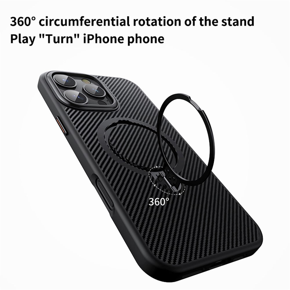 For iPhone 16 Pro Max Magnetic Case Carbon Fiber Texture PC+TPU Phone Cover Rotatable Kickstand