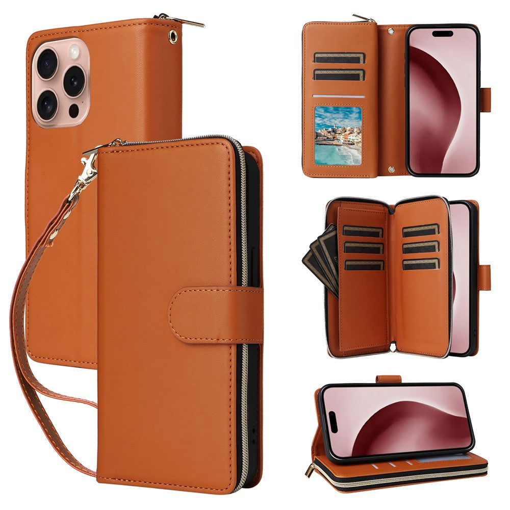 R20 For iPhone 16 Pro Max Case Zipper PU Leather Phone Cover with 9 Card Slots