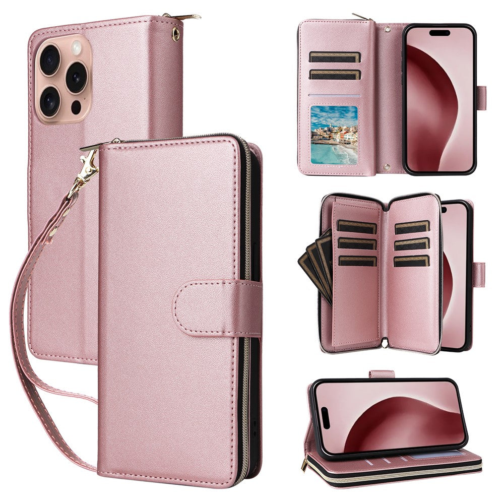 R20 For iPhone 16 Pro Max Case Zipper PU Leather Phone Cover with 9 Card Slots