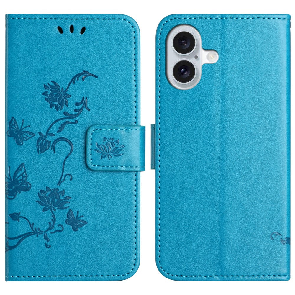 For iPhone 16 Case Wallet Stand PU Leather Butterfly Flower Phone Cover