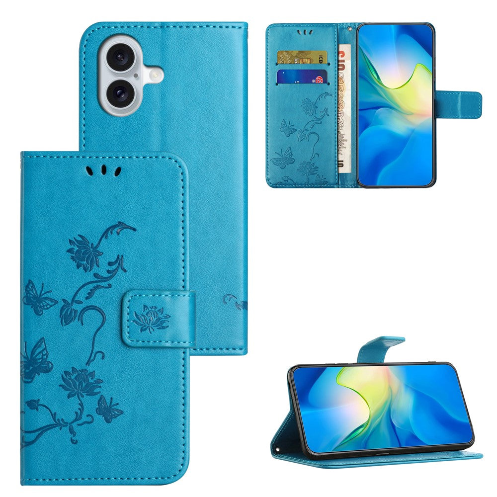 For iPhone 16 Case Wallet Stand PU Leather Butterfly Flower Phone Cover
