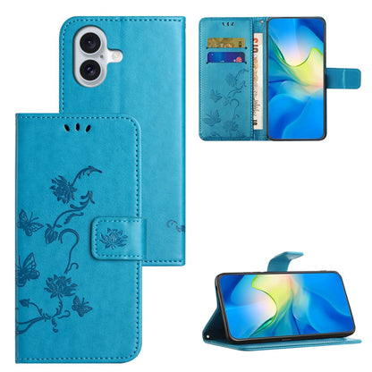 For iPhone 16 Case Wallet Stand PU Leather Butterfly Flower Phone Cover