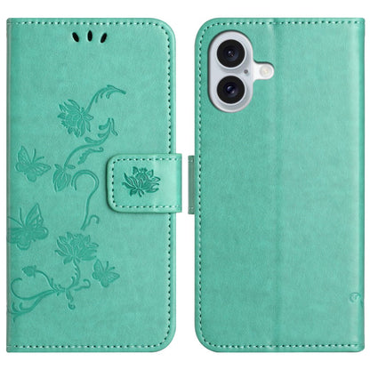 For iPhone 16 Case Wallet Stand PU Leather Butterfly Flower Phone Cover