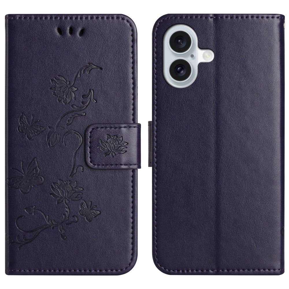 For iPhone 16 Case Wallet Stand PU Leather Butterfly Flower Phone Cover