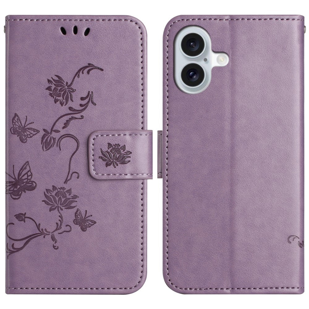 For iPhone 16 Case Wallet Stand PU Leather Butterfly Flower Phone Cover