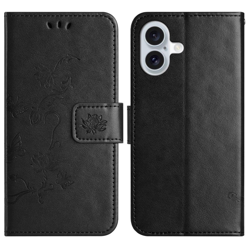 For iPhone 16 Case Wallet Stand PU Leather Butterfly Flower Phone Cover