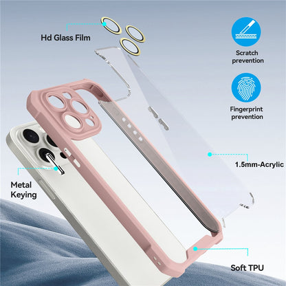 For iPhone 14 Pro Case Transparent Back Acrylic+TPU Phone Cover with Glass Lens Film