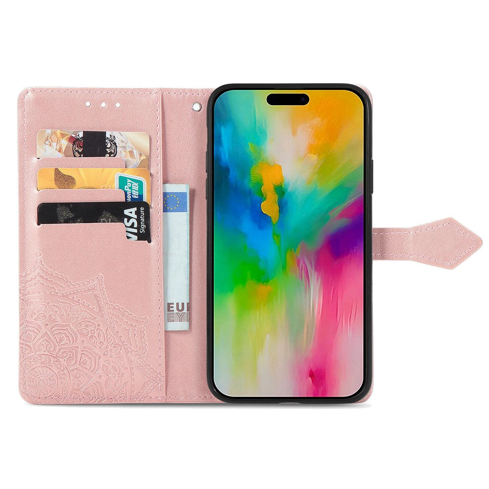 For iPhone 16 Case Embossed Mandala Pattern Leather Phone Cover Wallet Card Slot Holder