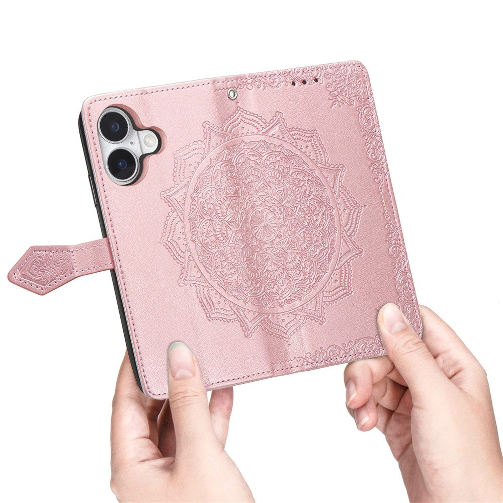 For iPhone 16 Case Embossed Mandala Pattern Leather Phone Cover Wallet Card Slot Holder