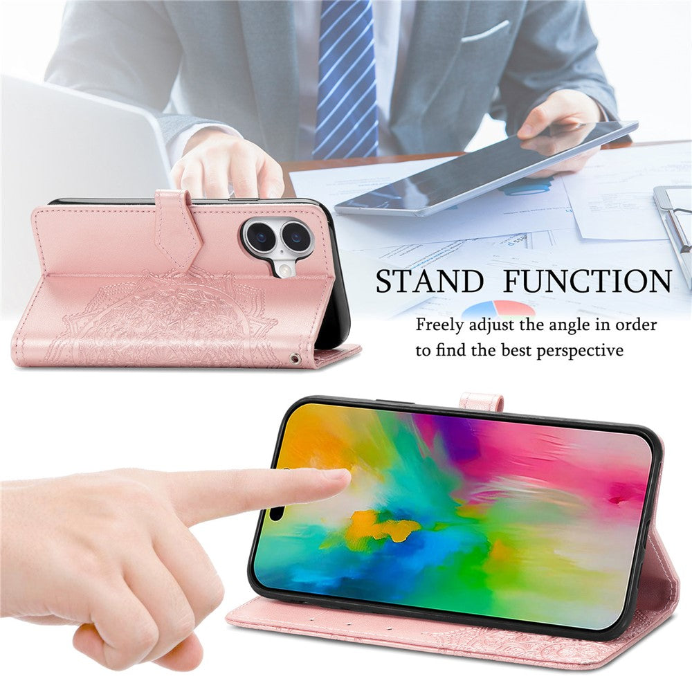 For iPhone 16 Case Embossed Mandala Pattern Leather Phone Cover Wallet Card Slot Holder
