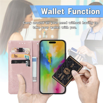 For iPhone 16 Case Embossed Mandala Pattern Leather Phone Cover Wallet Card Slot Holder