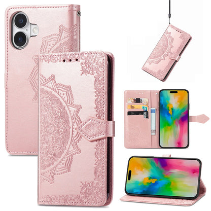 For iPhone 16 Case Embossed Mandala Pattern Leather Phone Cover Wallet Card Slot Holder