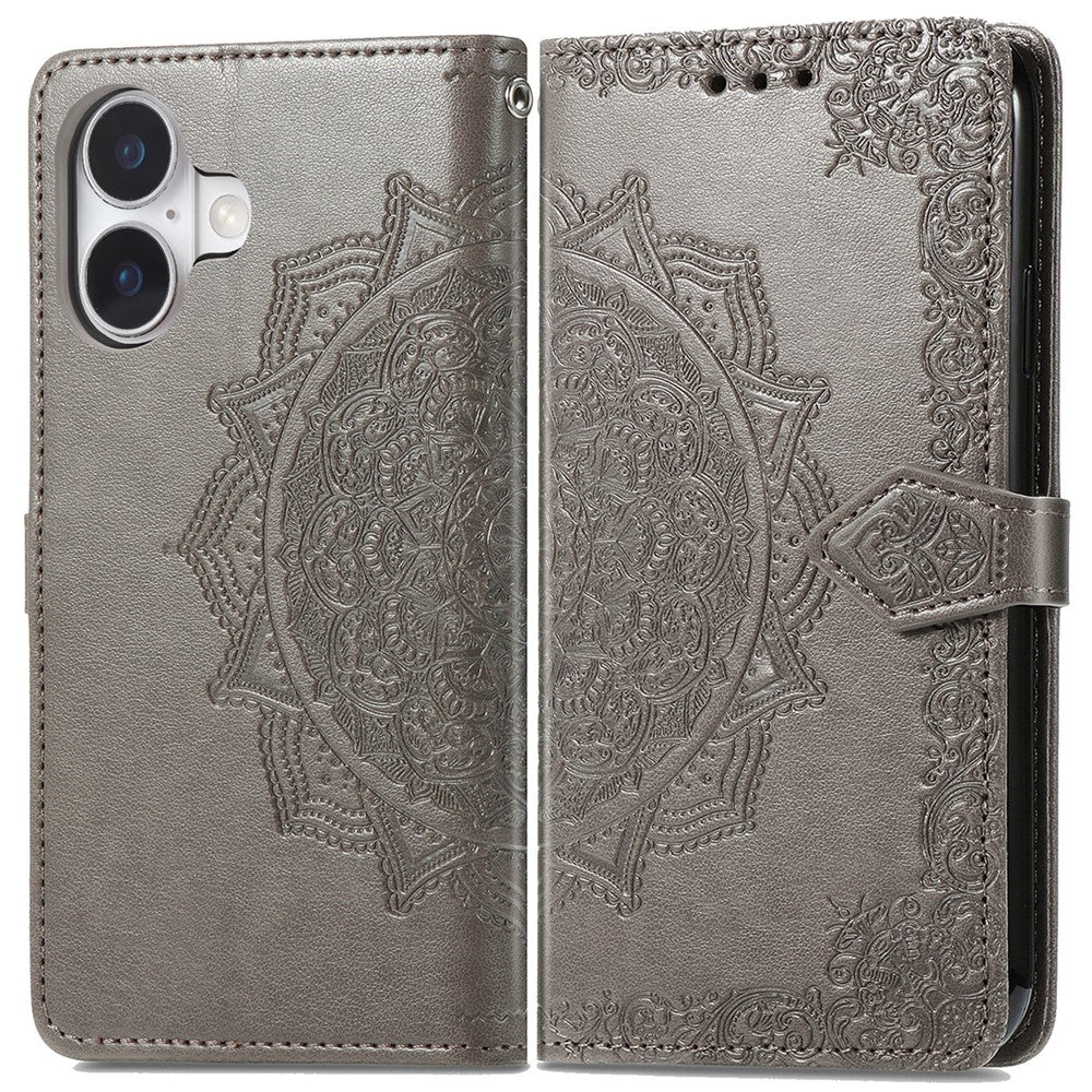 For iPhone 16 Case Embossed Mandala Pattern Leather Phone Cover Wallet Card Slot Holder