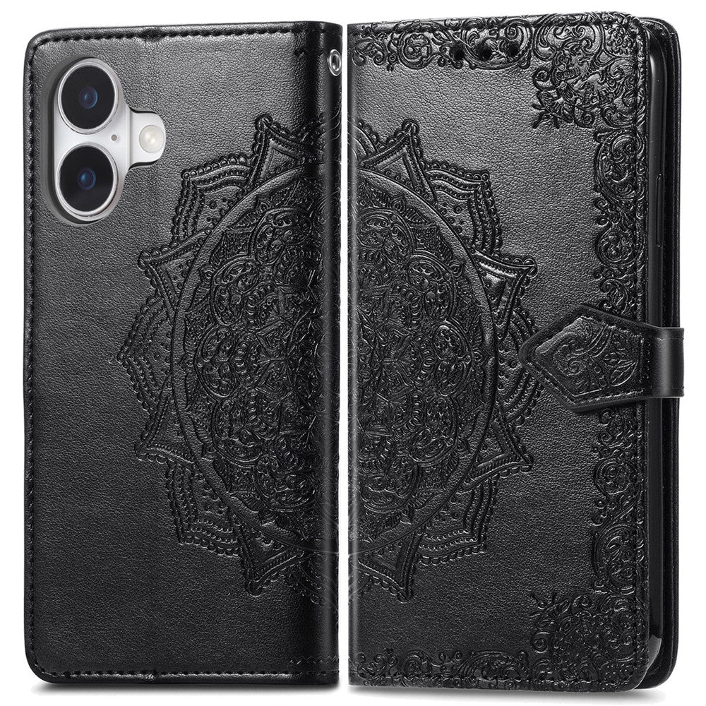 For iPhone 16 Case Embossed Mandala Pattern Leather Phone Cover Wallet Card Slot Holder