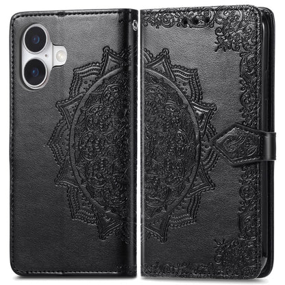 For iPhone 16 Case Embossed Mandala Pattern Leather Phone Cover Wallet Card Slot Holder