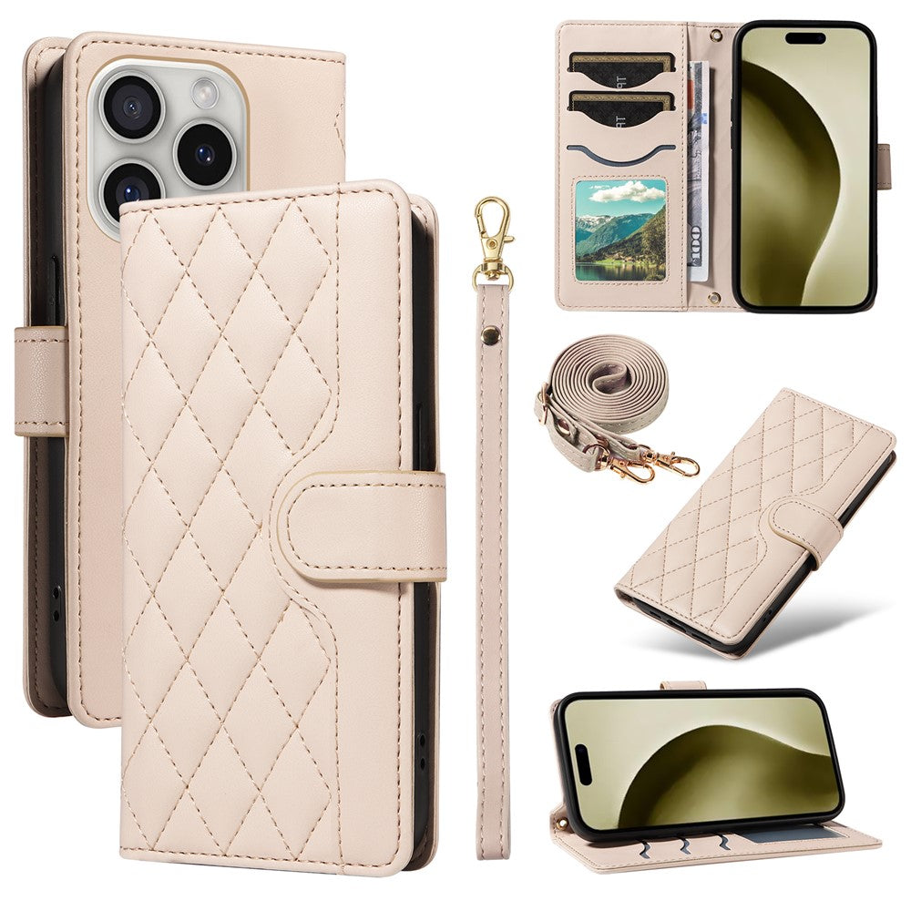 For iPhone 16 Pro Max Case Leather Rhombus Checkered Phone Cover with Detachable Lanyard Straps