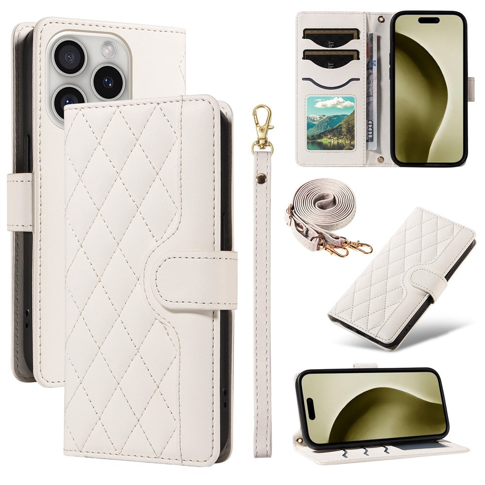 For iPhone 16 Pro Max Case Leather Rhombus Checkered Phone Cover with Detachable Lanyard Straps