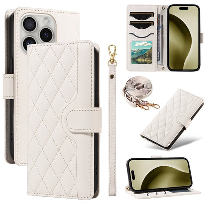 For iPhone 16 Pro Max Case Leather Rhombus Checkered Phone Cover with Detachable Lanyard Straps