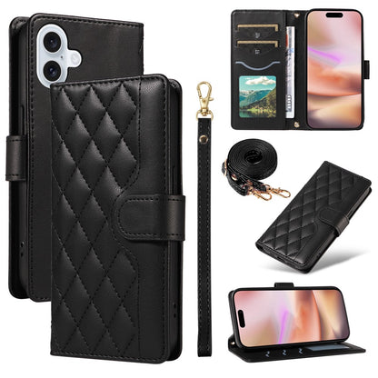 For iPhone 16 Case Wallet Quilted Leather Phone Cover with Shoulder Strap, Wrist Strap