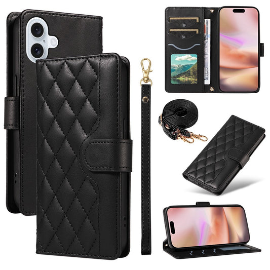 For iPhone 16 Case Wallet Quilted Leather Phone Cover with Shoulder Strap, Wrist Strap