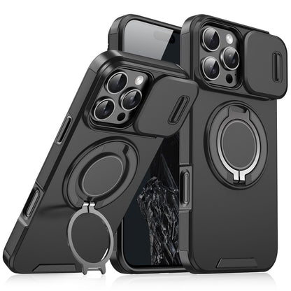 For iPhone 16 Pro Max Magnetic Phone Case Slide Lens Protection Ring Kickstand TPU+PC Cover