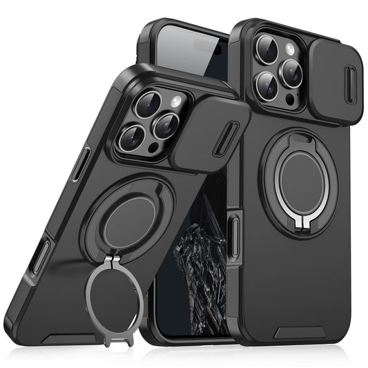 For iPhone 16 Pro Max Magnetic Phone Case Slide Lens Protection Ring Kickstand TPU+PC Cover