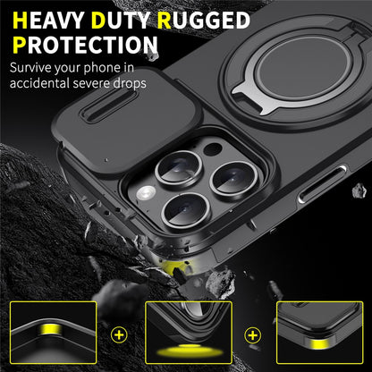 For iPhone 16 Pro Max Magnetic Phone Case Slide Lens Protection Ring Kickstand TPU+PC Cover