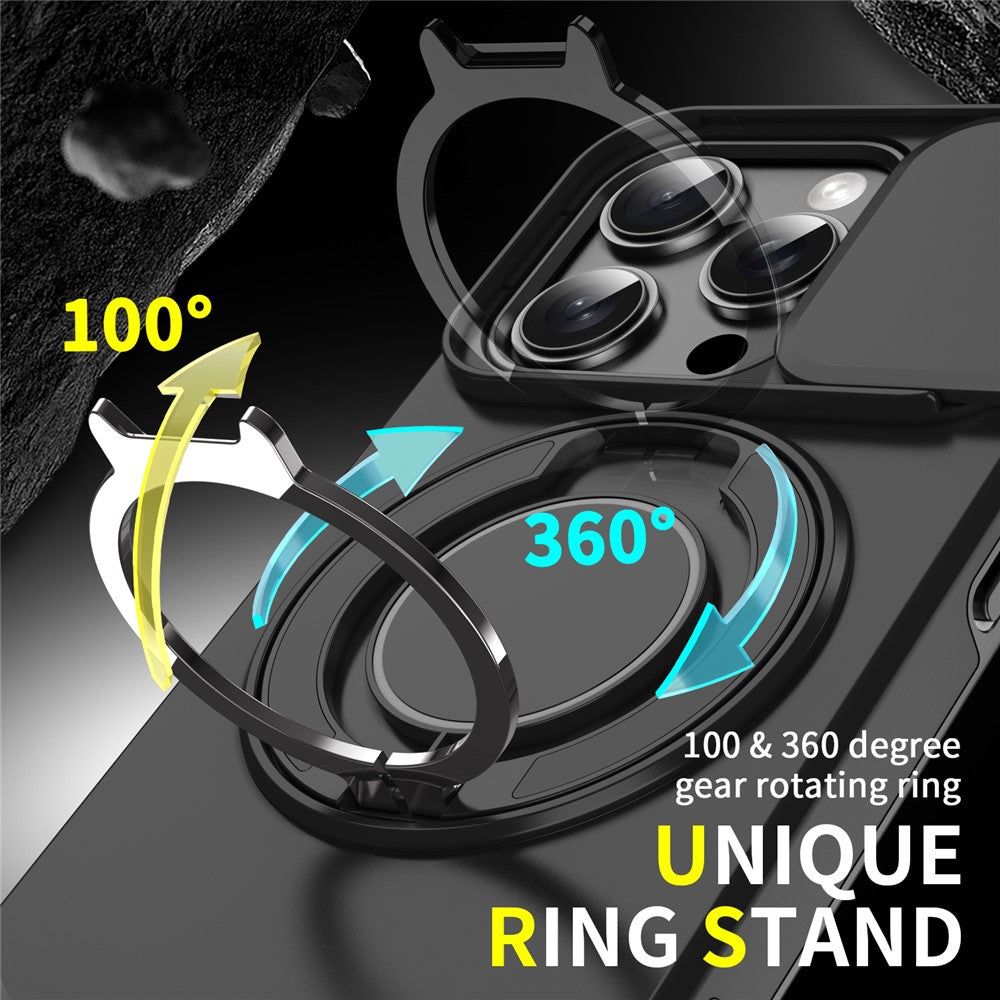 For iPhone 16 Pro Max Magnetic Phone Case Slide Lens Protection Ring Kickstand TPU+PC Cover