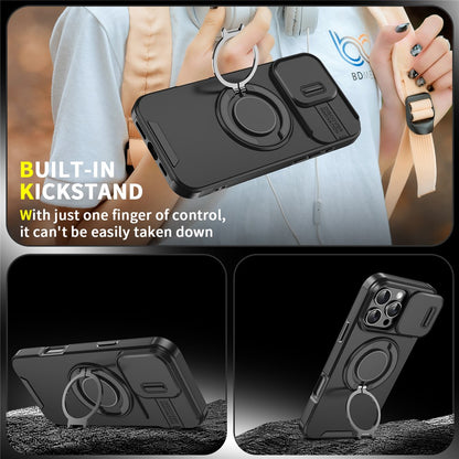 For iPhone 16 Pro Max Magnetic Phone Case Slide Lens Protection Ring Kickstand TPU+PC Cover