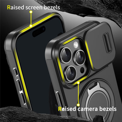 For iPhone 16 Pro Max Magnetic Phone Case Slide Lens Protection Ring Kickstand TPU+PC Cover