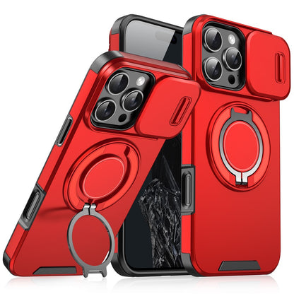 For iPhone 16 Pro Max Magnetic Phone Case Slide Lens Protection Ring Kickstand TPU+PC Cover