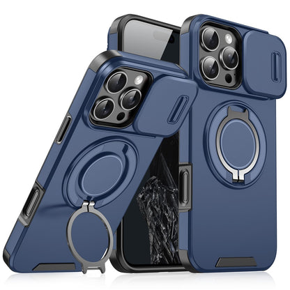 For iPhone 16 Pro Max Magnetic Phone Case Slide Lens Protection Ring Kickstand TPU+PC Cover