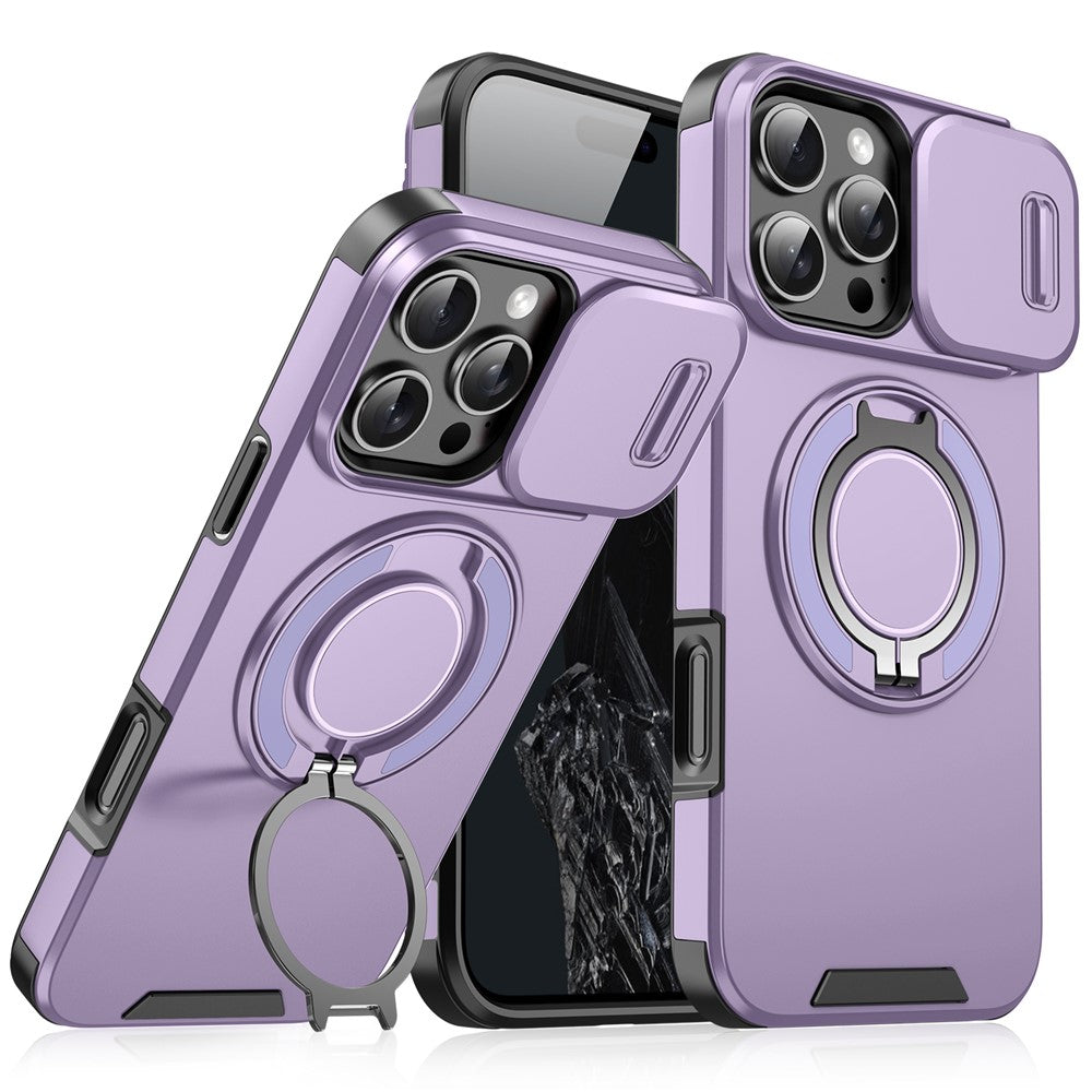 For iPhone 16 Pro Max Magnetic Phone Case Slide Lens Protection Ring Kickstand TPU+PC Cover