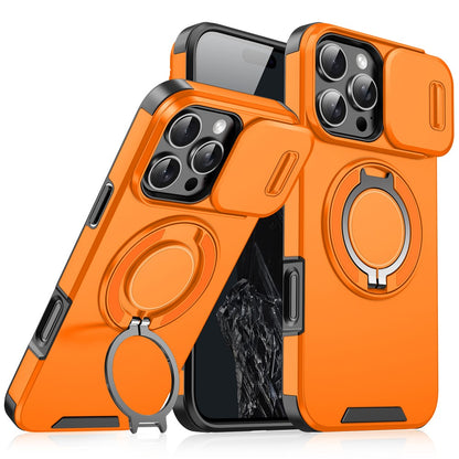 For iPhone 16 Pro Max Magnetic Phone Case Slide Lens Protection Ring Kickstand TPU+PC Cover