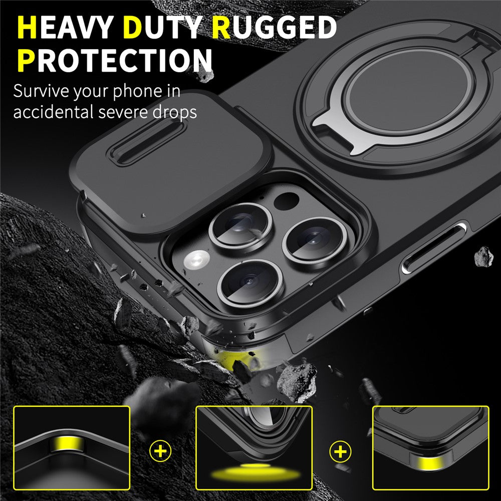For iPhone 14 Pro Magnetic Case Slide Lens Cover Ring Kickstand TPU+PC Phone Shell