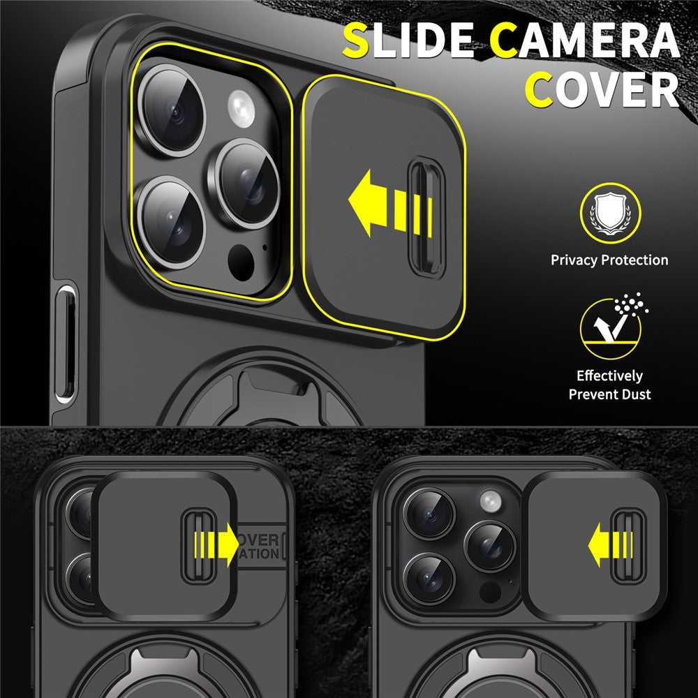 For iPhone 14 Pro Magnetic Case Slide Lens Cover Ring Kickstand TPU+PC Phone Shell