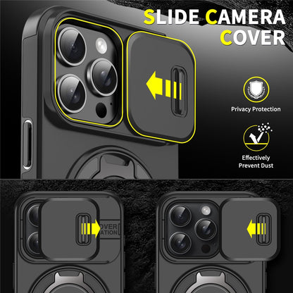 For iPhone 14 Pro Magnetic Case Slide Lens Cover Ring Kickstand TPU+PC Phone Shell