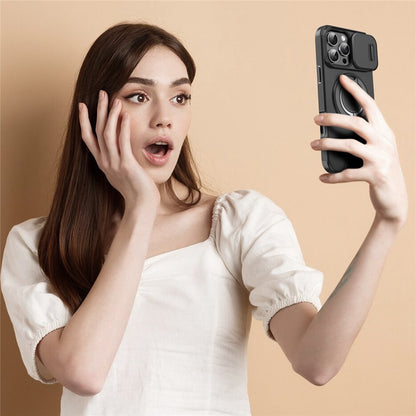 For iPhone 14 Pro Magnetic Case Slide Lens Cover Ring Kickstand TPU+PC Phone Shell