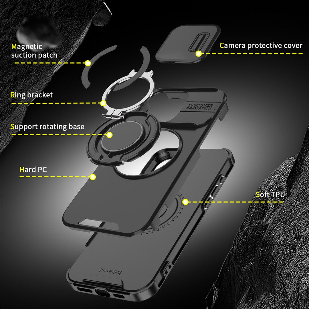 For iPhone 14 Pro Magnetic Case Slide Lens Cover Ring Kickstand TPU+PC Phone Shell