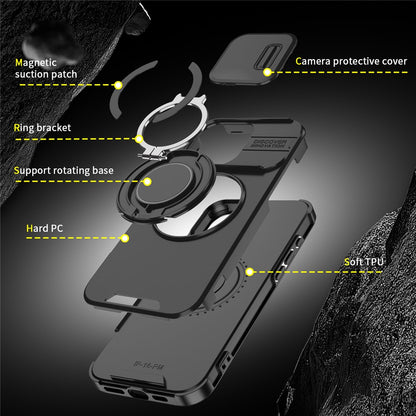 For iPhone 14 Pro Magnetic Case Slide Lens Cover Ring Kickstand TPU+PC Phone Shell