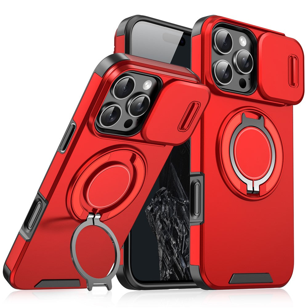 For iPhone 14 Pro Magnetic Case Slide Lens Cover Ring Kickstand TPU+PC Phone Shell