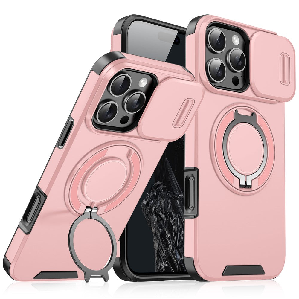 For iPhone 14 Pro Magnetic Case Slide Lens Cover Ring Kickstand TPU+PC Phone Shell