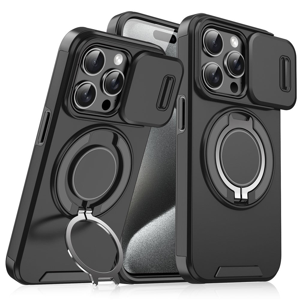 For iPhone 15 Pro Magnetic Phone Case Slide Lens Protection Ring Kickstand TPU+PC Cover