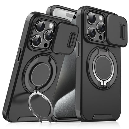 For iPhone 15 Pro Magnetic Phone Case Slide Lens Protection Ring Kickstand TPU+PC Cover