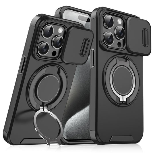 For iPhone 15 Pro Magnetic Phone Case Slide Lens Protection Ring Kickstand TPU+PC Cover