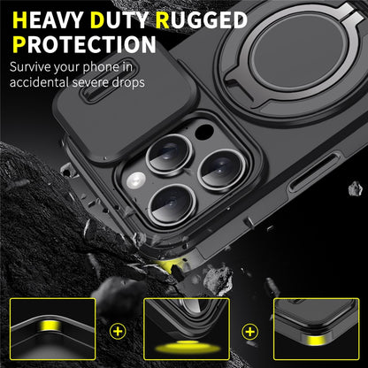 For iPhone 15 Pro Magnetic Phone Case Slide Lens Protection Ring Kickstand TPU+PC Cover