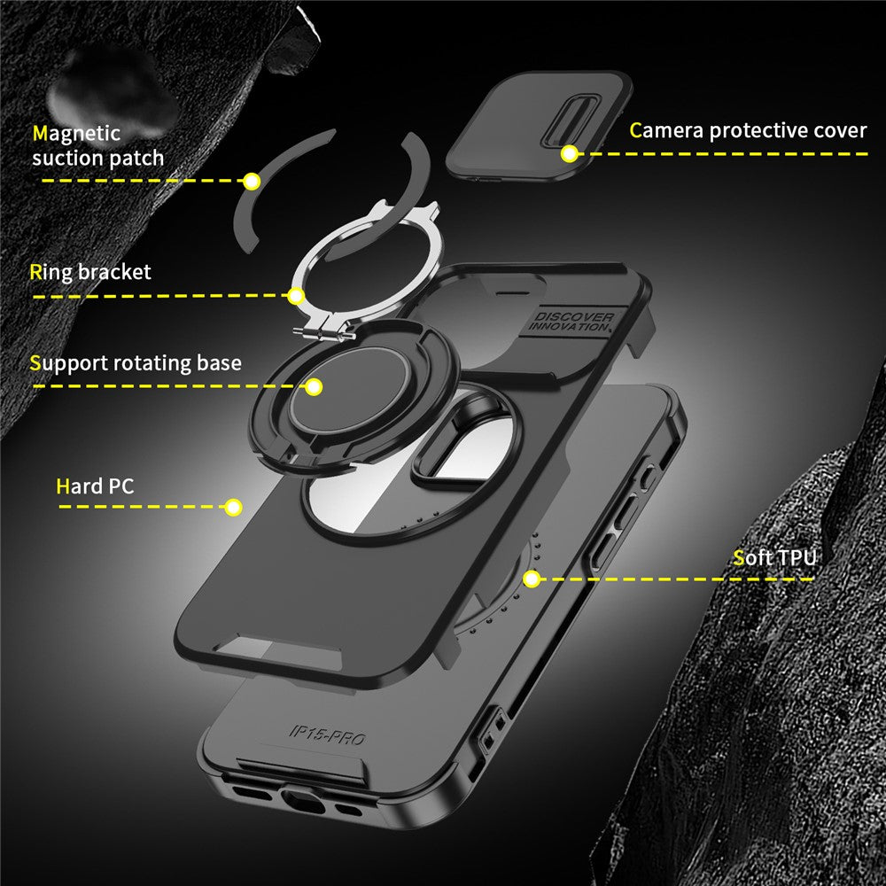 For iPhone 15 Pro Magnetic Phone Case Slide Lens Protection Ring Kickstand TPU+PC Cover