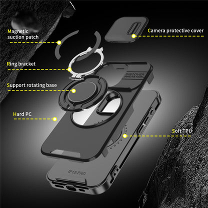 For iPhone 15 Pro Magnetic Phone Case Slide Lens Protection Ring Kickstand TPU+PC Cover